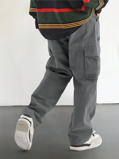 Men's Loose Solid Color All-match Pocket Drawstring Waist Overalls