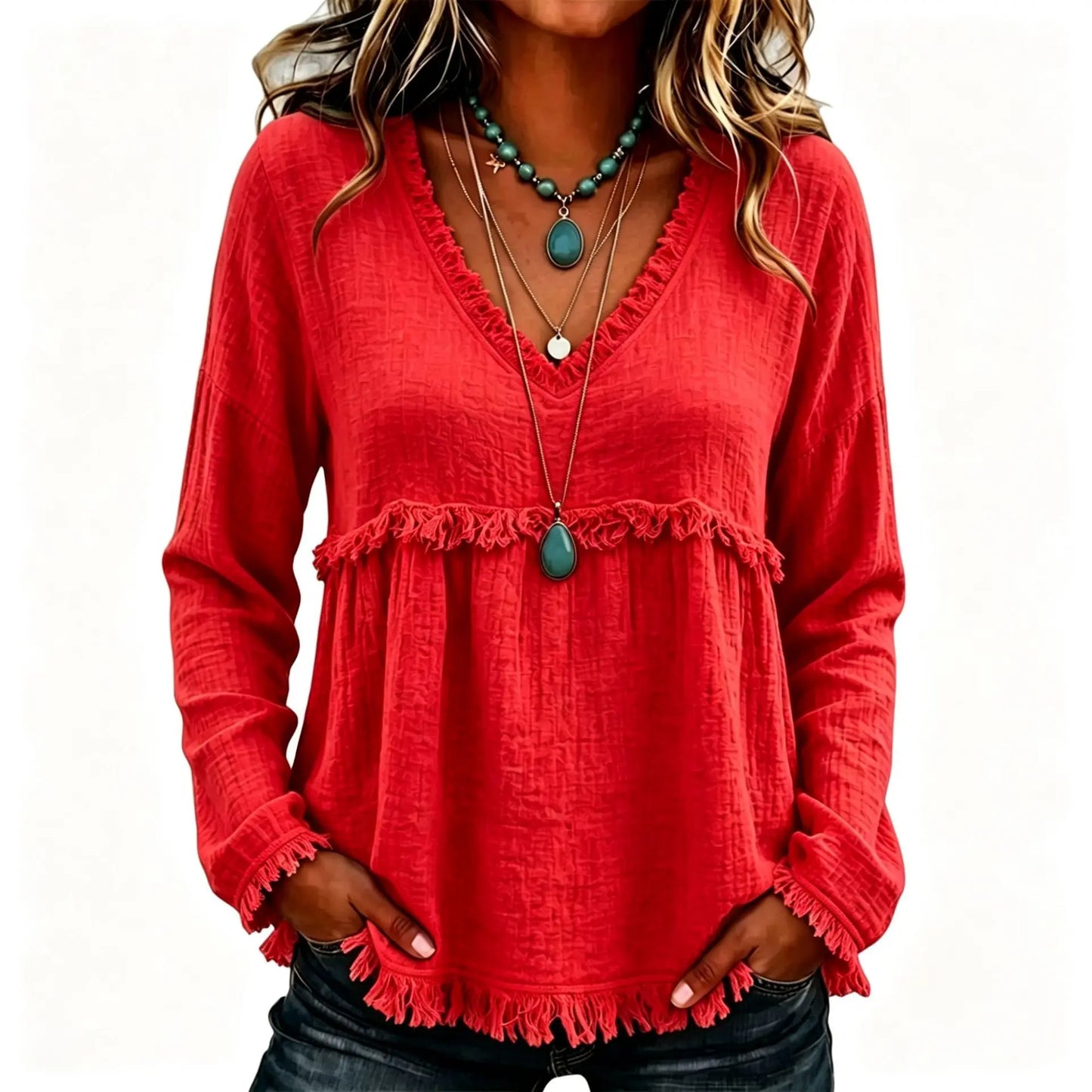Women’s Boho V Neck Long Sleeve Fringe Top Plus Size S-3XL