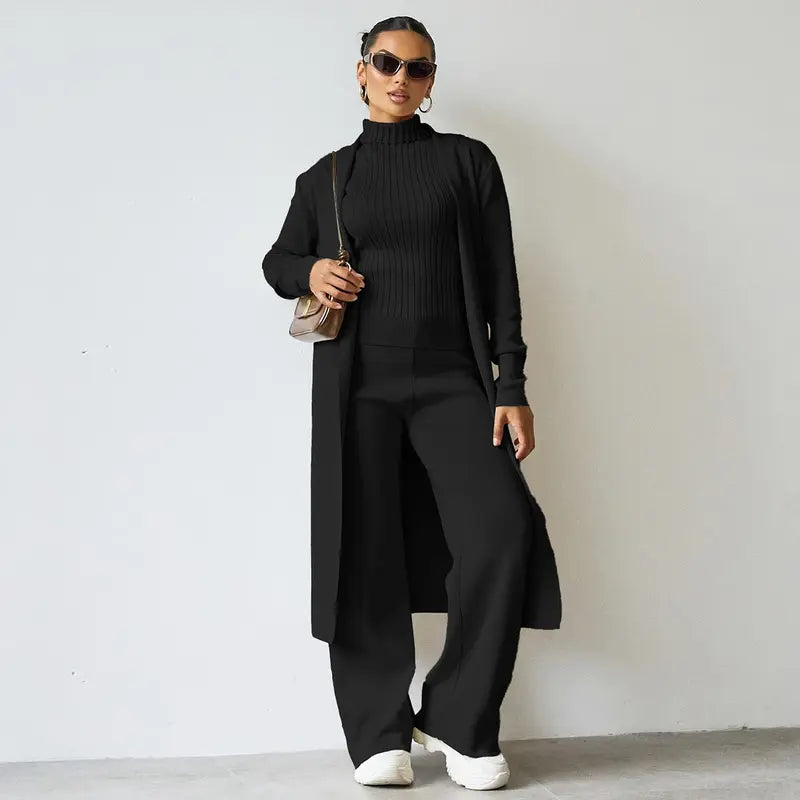 Women’s Three-Piece Knit Set – Long Cardigan, Sleeveless Top & Wide-Leg Pants