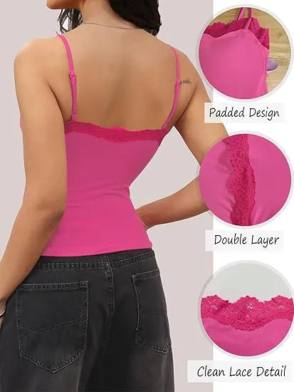 Women’s Padded Lace Cami Top – Double Lined Sexy Spaghetti Strap Tank