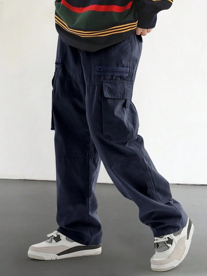 Men's Loose Solid Color All-match Pocket Drawstring Waist Overalls