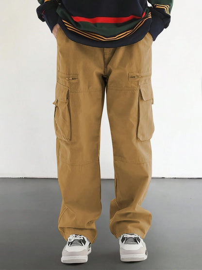 Men's Loose Solid Color All-match Pocket Drawstring Waist Overalls