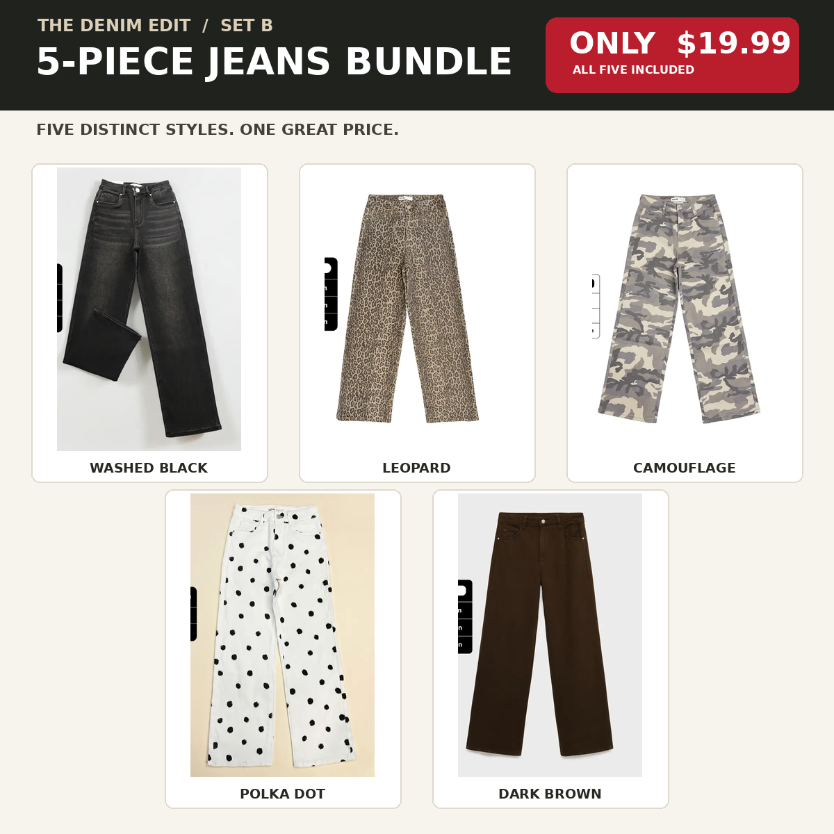 Women's High Waisted Wide Leg Stretch Jeans – 10-Piece Denim Bundle