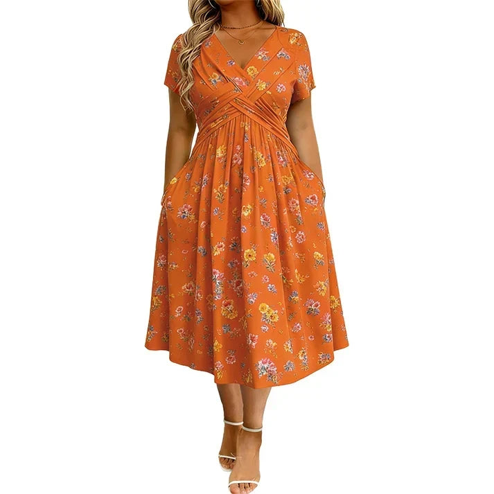 Floral V-Neck Twist-Waist Dress – Elegant & Flattering