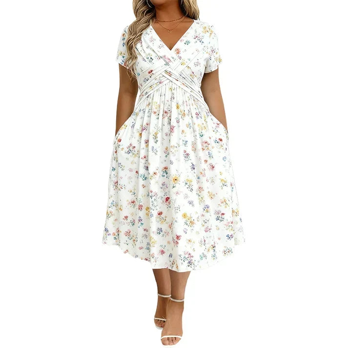 Floral V-Neck Twist-Waist Dress – Elegant & Flattering