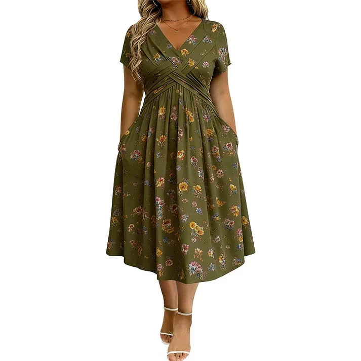 Floral V-Neck Twist-Waist Dress – Elegant & Flattering