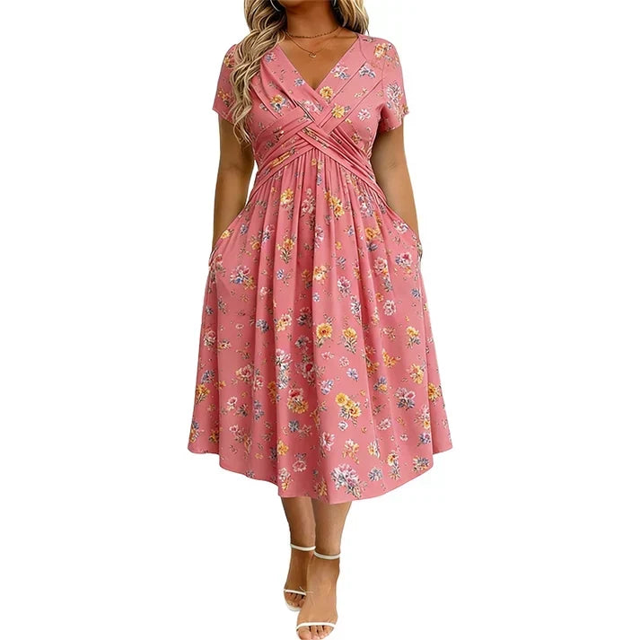 Floral V-Neck Twist-Waist Dress – Elegant & Flattering