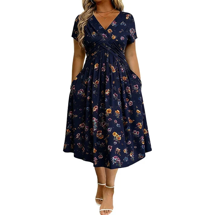 Floral V-Neck Twist-Waist Dress – Elegant & Flattering